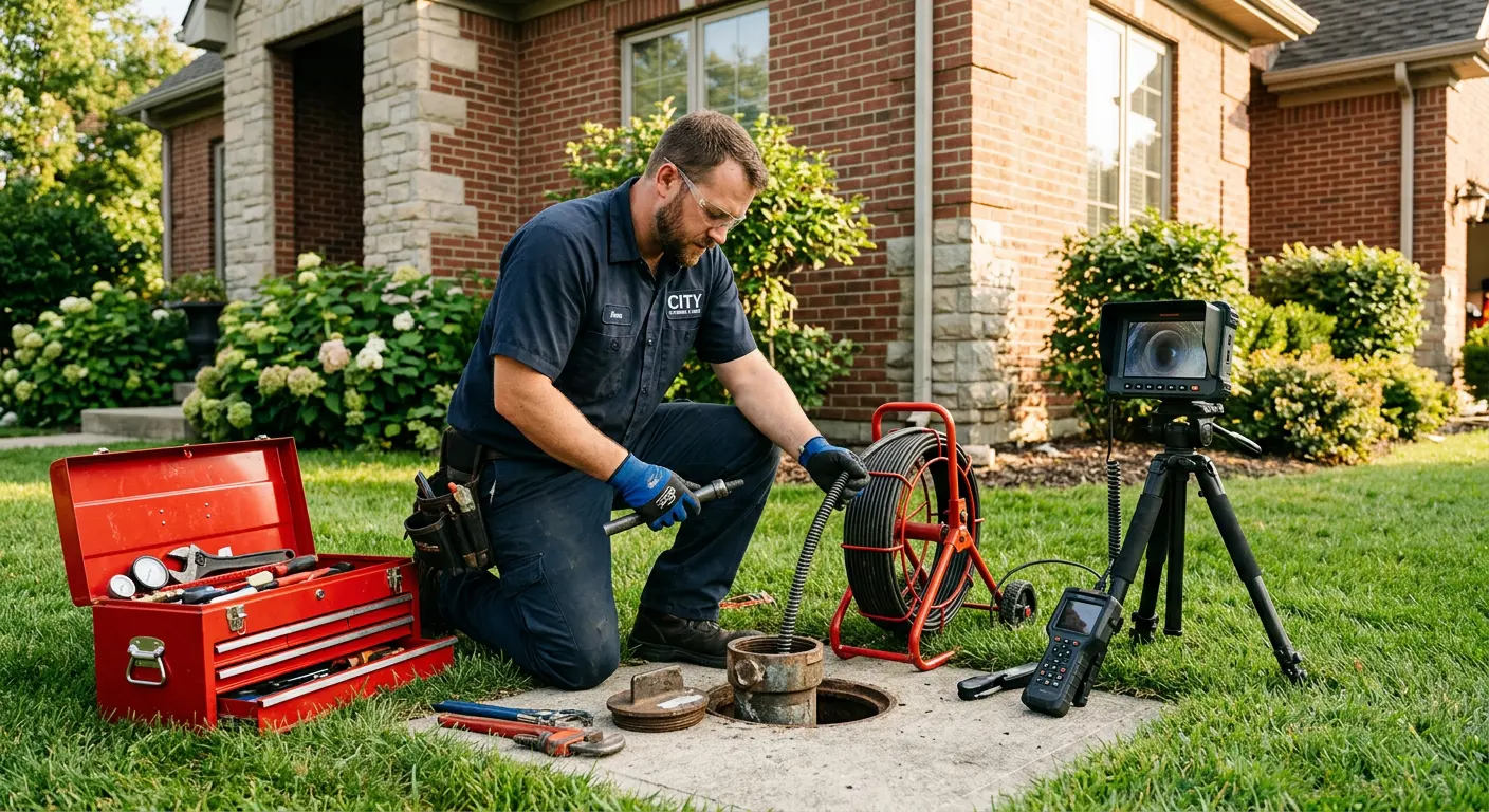 Sewer specialist with camera equipment servicing a cleanout in Leesburg