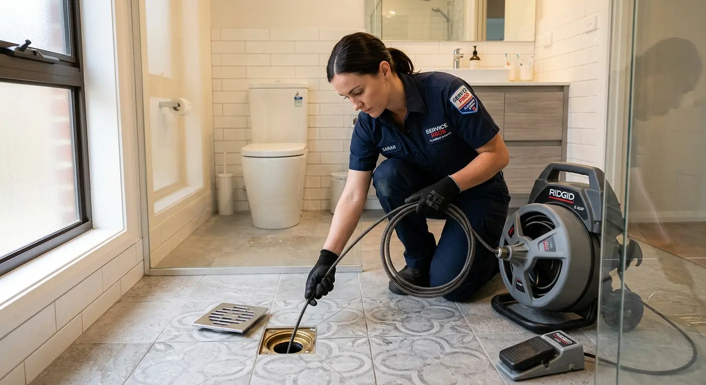 Technician clearing a bathroom floor drain for Drain Repair in Leesburg